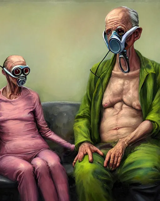 Prompt: Two skinny old people wearing gas masks connected to their hearts, draped in silky gold, green and pink, inside a surreal hospital room they sit next to a fireplace with blue flames, the world on fire, loss in despair, transhumanism, speculative evolution, in the style of Adrian Ghenie, Esao Andrews, Jenny Saville, (((Edward Hopper))), surrealism, dark art by Mariko Mori