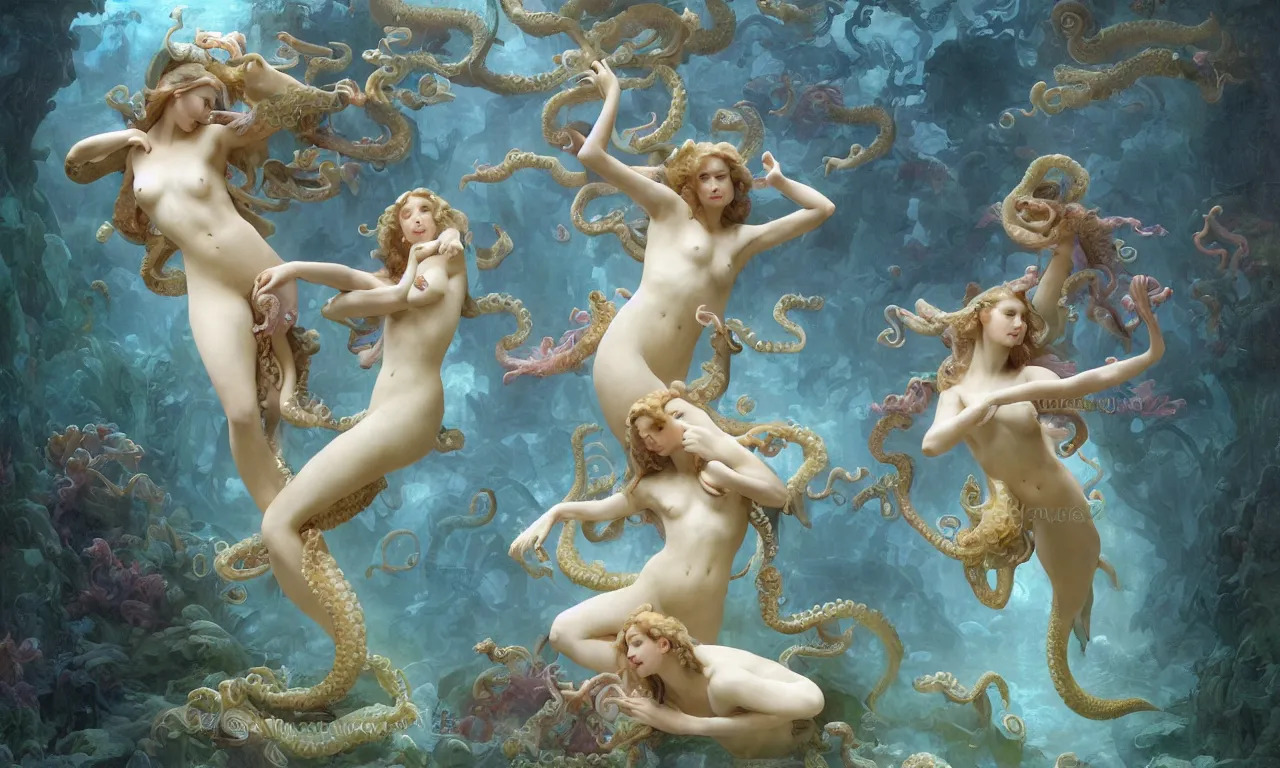 Prompt: a luminous springtime fairytale of beautiful realistic mermaid women frolicking among octopuses and fish and coral and seahorses in the romantic courtyard of an underwater baroque white marble cathedral with stained glass windows. Neon light, masterpiece 4k digital illustration by Ruan Jia and Mandy Jurgens and William-Adolphe Bouguereau, award winning, Artstation, Gustave Dore' background, intricate details, realistic, panoramic view, volumetric lighting, Hyperdetailed, 8k resolution, golden hour, rendered in Unreal Engine 3