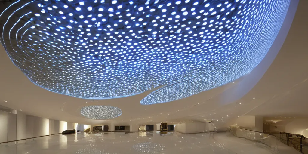 Image similar to extremely detailed stunning curvilinear museum interior with water centered sculpture piece and led strips