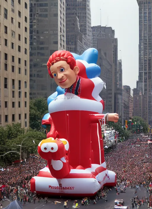 Image similar to inflatable parade float of mark zuckerberg, macy ’ s parade, canon 5 d, 5 0 mm lens, fuji 8 0 0 film