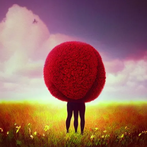 Image similar to giant red flower afro, full body, girl standing in the middle of a field with flowers, surreal photography, hills, sunrise dramatic light, impressionist painting, colorful clouds, digital painting, pointillism, artstation, simon stalenhag