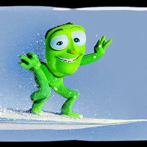 Image similar to cannabis leaf character snow boarding photo taken by pixar