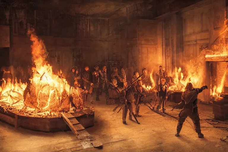 Prompt: scene from an episode of history channel's forged in fire, detailed, high quality, dynamic lighting. artwork by rembrandt