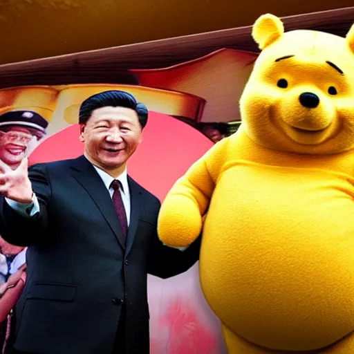 Image similar to polaroid photograph and ccp president xi jing ping pictured with winnie the pooh