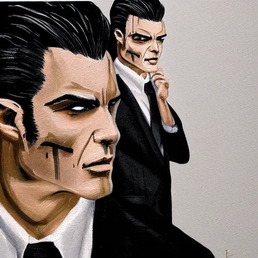 Prompt: a modern painting of a vampire in a business suit, slick back hair, in the style of tim bradstreet, sharp focus, realism, intricate detail