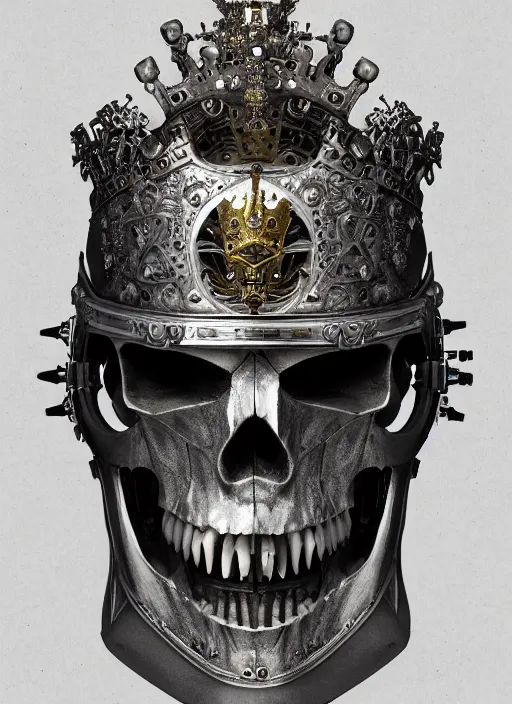 Image similar to portrait of king arthur skull faced knight cyborg with a crown with engravings, studio portrait against a black background, modern fine art, fractal, intricate, elegant, highly detailed, digital photography, subsurface scattering, in the style of ghost, by jheronimus bosch and yue minjun and giger and greg rutkowski,