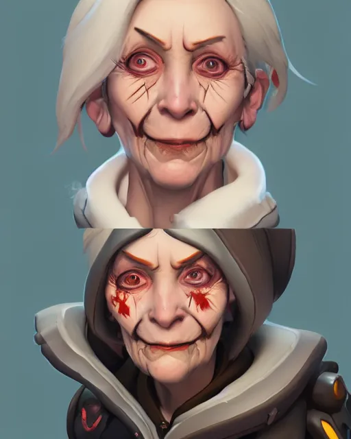 Prompt: overwatch concept art character portrait of a new character who is an elderly pale woman with a scarred face, trending on artstation, cgsociety,