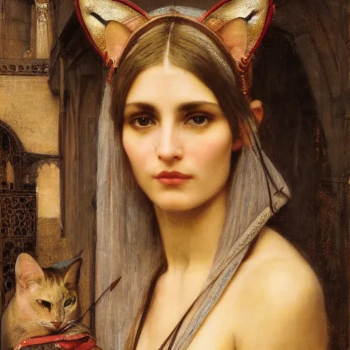 Image similar to orientalist portrait of an olive - skinned witch with cat ears in a sandstone intricate portrait by john william waterhouse and edwin longsden long and theodore ralli and henryk siemiradzki, very coherent symmetrical artwork. cinematic, hyper realism, high detail 8 k