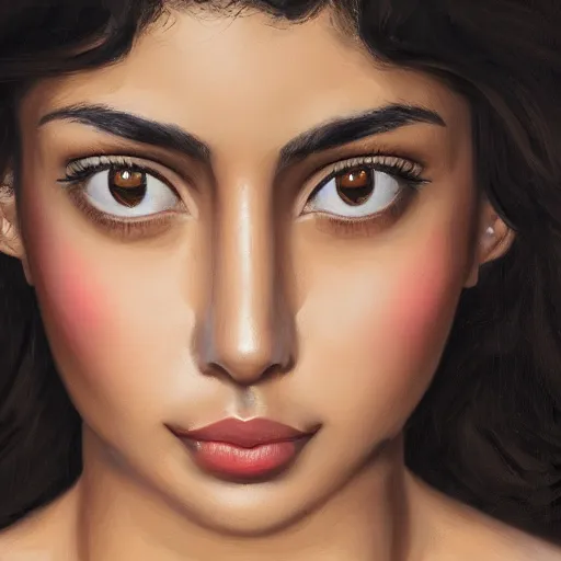 Image similar to portrait of a persian young lady with curly black hair, round face, big brown eyes, picture, hyperrealistic, focused, detailed, computer painting