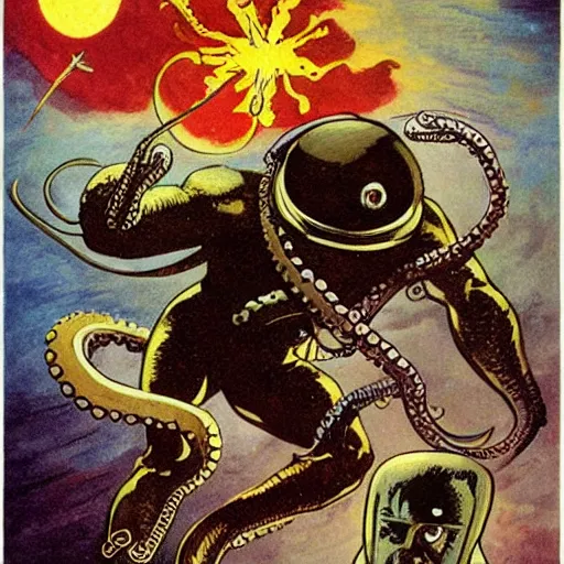 Prompt: an octopus fighting an astronaut, in the style of frank frazetta, —n 9