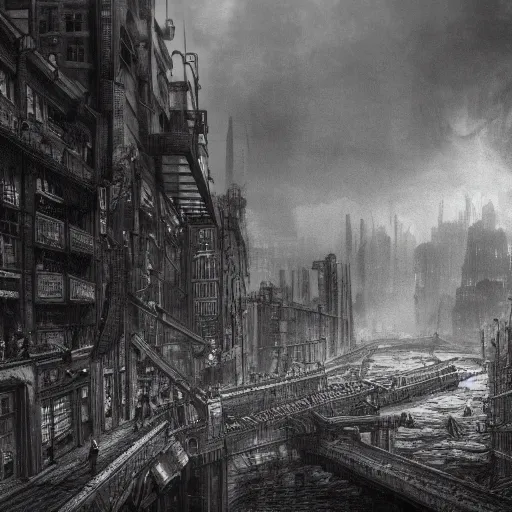 Image similar to dieselpunk city pollution river drawn by gustave dore perspective wide angle