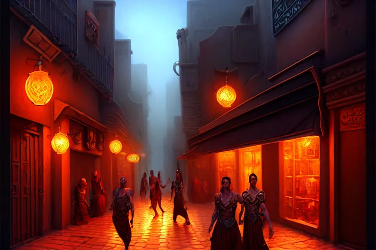 Image similar to a bazaar street in the city of tyr from athas, amazing dark sun digital painting, by gerald brom, brom digital art, intricate details, ultra realistic, beautiful art by brom, volumetric lighting, by brom, trending cgsociety, highly detailed, rim light, art, cinematic lighting, artstation, rim lighting, 8 k