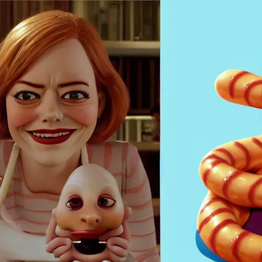 Prompt: hyperrealistic emma stone caricature surrounded by long fat frankfurter sausages by bob byerley and aardman animation, mascot, target reticles