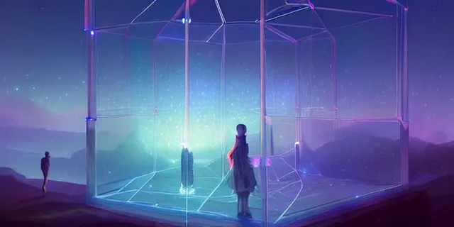 Image similar to beautiful glowing cubes all interconnected to each other with tubes, atmospheric lighting, intricate, volumetric lighting, beautiful, sharp focus, ultra detailed, in the art style of bowater, charlie, brom, gerald, lake baikal in the background, astrophotography