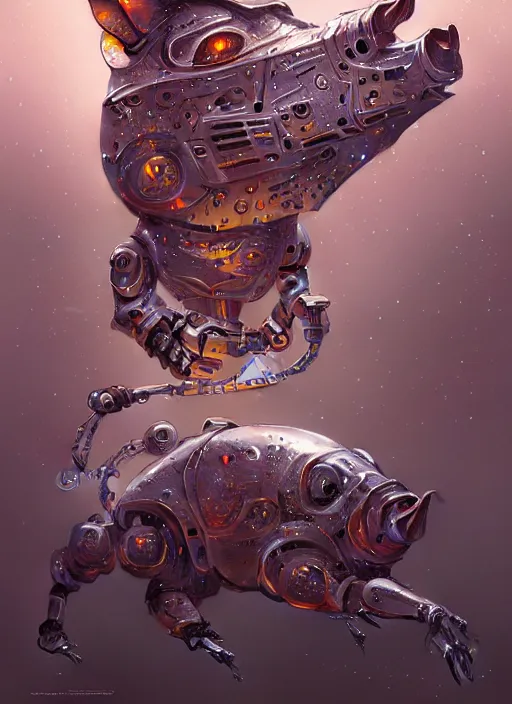 Image similar to robotic pig, d & d, wet, shiny, fantasy, intricate, elegant, extremely higly detailed, ultra definition, digital painting, artstation, baroque, concept art, smooth, sharp focus, illustration, art by artgerm and greg rutkowski and alphonse mucha