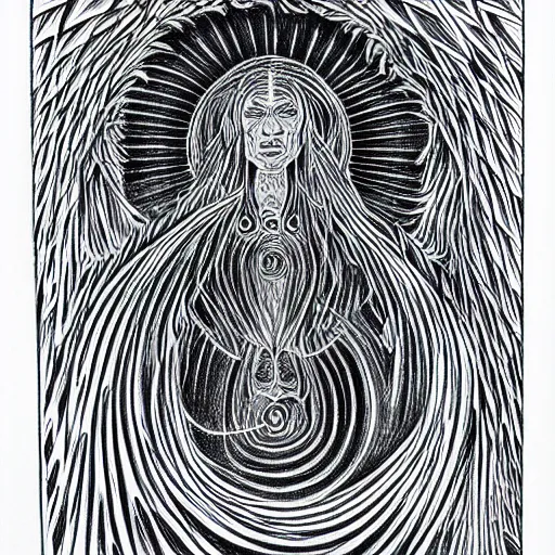 Prompt: an alex grey drawing, micron pen, black ink, a portal to another dimension, portrait