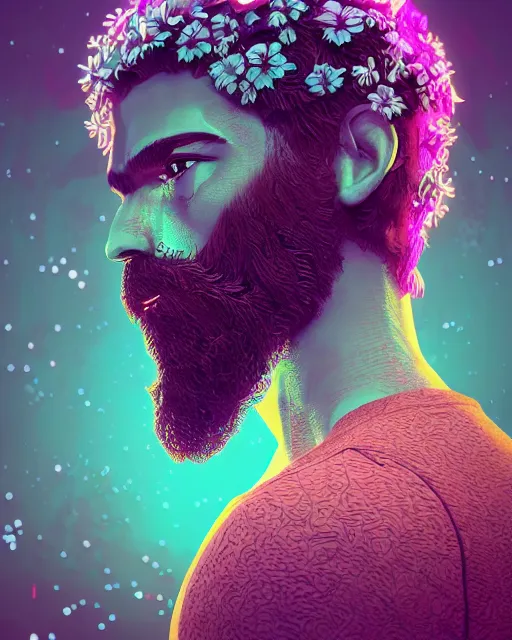 Prompt: a realistic ultradetailed digital painting of a man with flowers in his beard, profile, cyberpunk art by beeple, behance contest winner, retrofuturism, voxel art, # pixelart!!