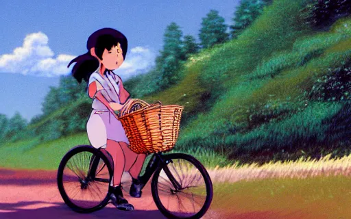 Prompt: a young filipino girl riding a bike with a basket, art by hayao miyazaki, studio ghibli film, hi res, 4k