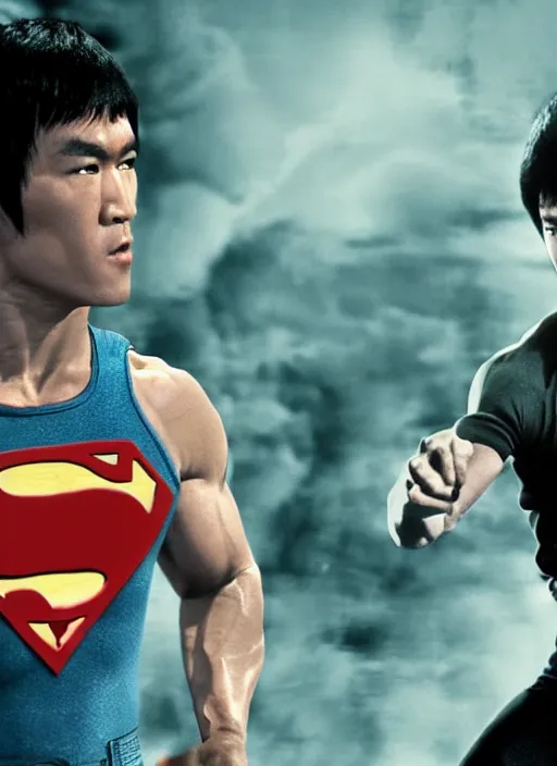 Image similar to Film poster Bruce lee fights VS superman, full body, detailed and realistic, 4k, filmic render
