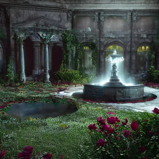 Image similar to abandoned garden inside a dark mansion, fountain, dead flowers, realistic, highly detailed, hd, unreal engine, background of resident evil game