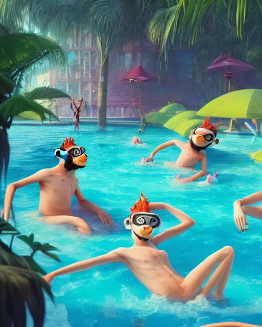 Image similar to highly detailed surreal vfx portrait of cartoon monkeys drinking coffee at a pool party, stephen bliss, unreal engine, greg rutkowski, loish, rhads, beeple, makoto shinkai and lois van baarle, ilya kuvshinov, rossdraws, tom bagshaw, global illumination, detailed and intricate environment