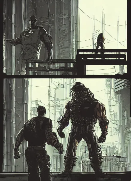 Image similar to Dumb Bubba. Buff cyberpunk meathead trying to intimidate. Large man looms. Realistic Proportions. Concept art by James Gurney and Laurie Greasley. Moody Industrial skyline. ArtstationHQ. Creative character design for cyberpunk 2077.