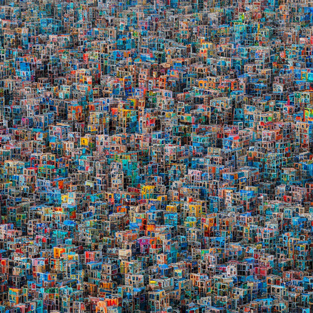 Image similar to close - up swirling towers made up of colourful makeshift squatter shacks, faded colours, neutral sky, dystopia, mamiya, very detailed, ultra sharp, photographed by john chiara and ansel adams