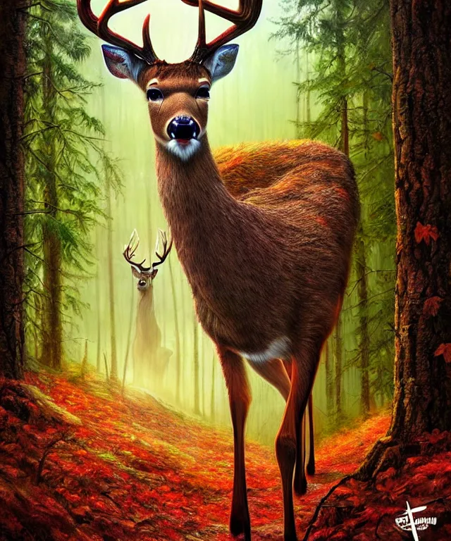 Prompt: a realistic deer, walking through a psychedelic forest, wide angle landscape shot, pixar style by tristan eaton, artgerm and tom bagshaw