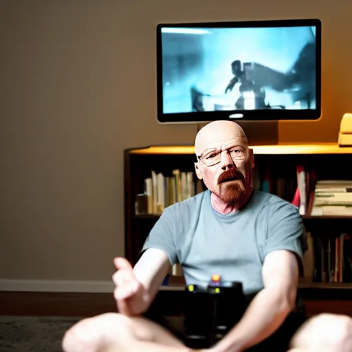 Image similar to dslr photo of walter white as a twitch streamer, playing video games, room lit with leds. he is screaming at the screen. realism, sharp focus, volumetric lighting