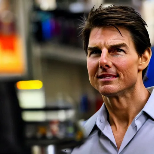 Image similar to Tom Cruise working as a 7/11 cashier, macro, detailed, beautiful lighting