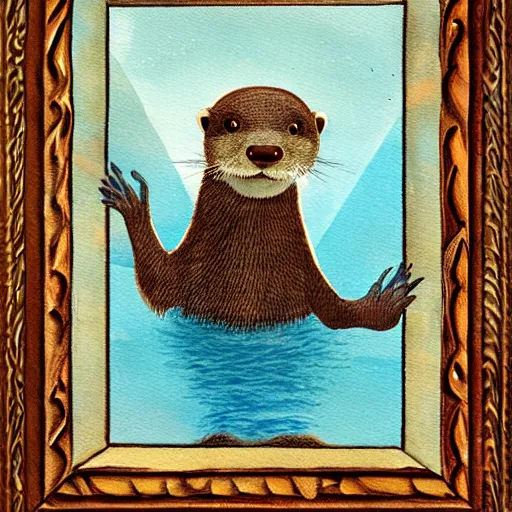 Image similar to anthropomorphic otter in a greek art style sitting in a pool of water, traditional painting, soft lighting, beautiful