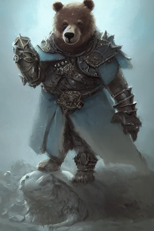 Image similar to cute little anthropomorphic bear knight wearing a cape and a crown, tiny, small, miniature bear, baby animal, short, pale blue armor, cute and adorable, pretty, beautiful, DnD character art portrait, matte fantasy painting, DeviantArt Artstation, by Jason Felix by Steve Argyle by Tyler Jacobson by Peter Mohrbacher, cinematic lighting