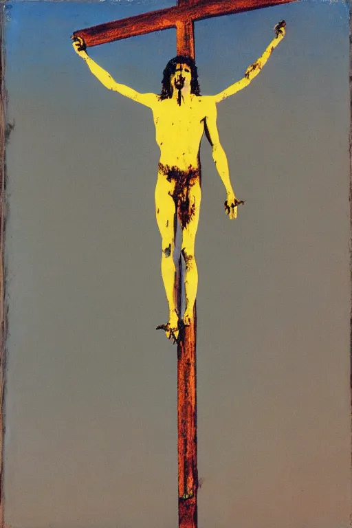 Image similar to bloody jesus christ crucified, yellow sky painted by andy warhol and cy twombly