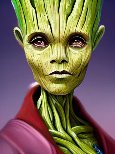 Image similar to groot girl, portrait, digital painting, elegant, beautiful, highly detailed, artstation, concept art