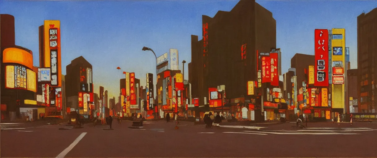 Prompt: an edward hopper style painting of a busy road in tokyo shibuya, golden hour