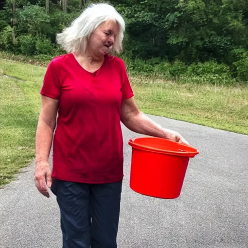 Image similar to a middle aged woman, long grey hair, red shirt, carrying a bucket.