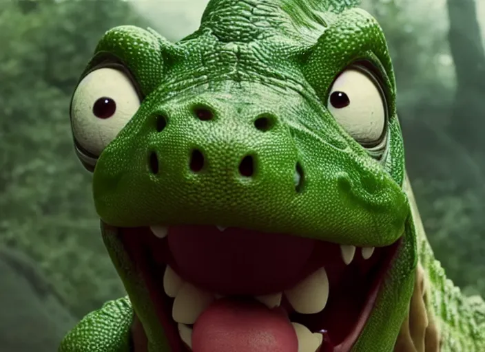 Prompt: film still of yoshi in the new sci - fi movie, cute upright dinosaur with a small turtle shell and long tongue, 8 k