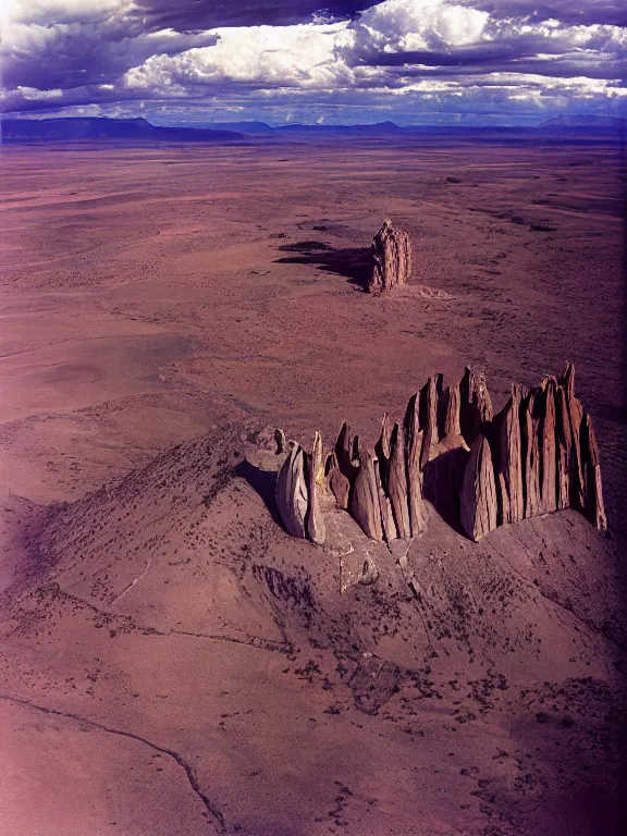 Image similar to photo of shiprock, hogback ridge, high aerial view, the foreground is brightly lit by sun, and the background clouds are dark and foreboding. kodak portra 4 0 0