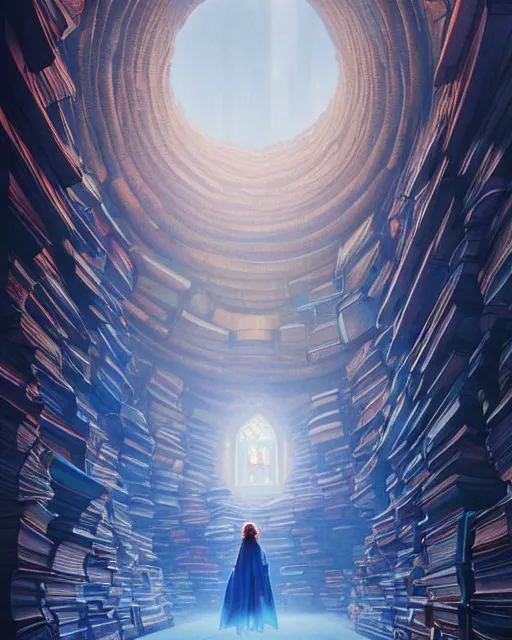 Prompt: highly detailed surreal vfx portrait of a female mage with a blue cape in a labyrinth of books, stephen bliss, unreal engine, greg rutkowski, loish, rhads, beeple, makoto shinkai and lois van baarle, ilya kuvshinov, rossdraws, tom bagshaw, alphonse mucha, global illumination, detailed and intricate environment