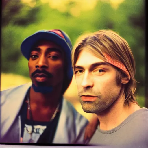 Image similar to Polaroid photograph of Kurt Cobain and Tupac Shakur, candid, annie leibovitz, detailed, XF IQ4, 150MP, 50mm, F1.4, ISO 200, 1/160s, natural light, Adobe Lightroom, photolab, Affinity Photo, PhotoDirector 365,