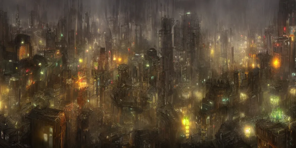 Image similar to a gloomy and rainy underground fantasy city, viewed from a distance, 4 k digital art, trending on artstation, high quality,