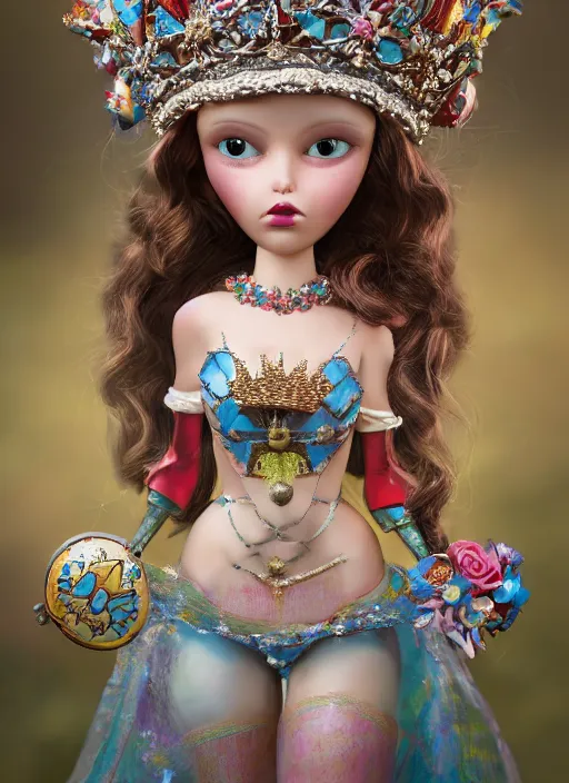 Prompt: closeup profile portrait of tin toy fairytale princess wearing a crown, bikini, depth of field, zeiss lens, detailed, symmetrical, centered, fashion photoshoot, by nicoletta ceccoli, mark ryden, lostfish, breathtaking, 8 k resolution, extremely detailed, beautiful, establishing shot, artistic, hyperrealistic, octane render