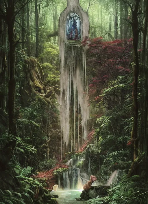 Image similar to a hyper realistic architectural witch shrine under a waterfall in the woods, gorgeous lighting, lush forest foliage, painting by chiara bautista and tom bagshaw, muca beksinski and norman rockwell and greg rutkowski weta studio, and lucasfilm