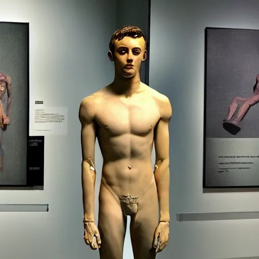 Image similar to “a realistic detailed photo of a guy who is an attractive humanoid who is half robot and half humanoid, who is a male android, British diver Tom Daley, shiny skin, posing like a statue, blank stare, at the museum, on display”