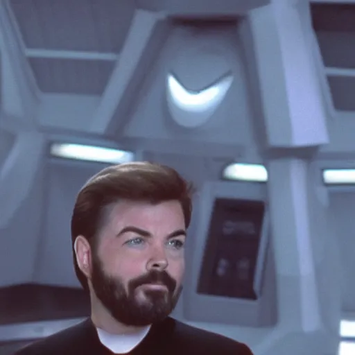 Prompt: still cinematic of william riker on the bridge of the enterprise smoking weed