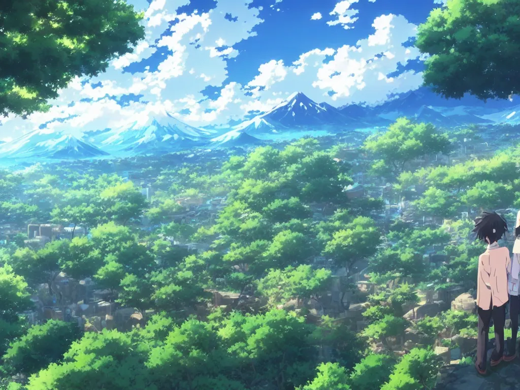 Image similar to an anime landscape!! view of japan by makoto shinkai from your name, masterpiece