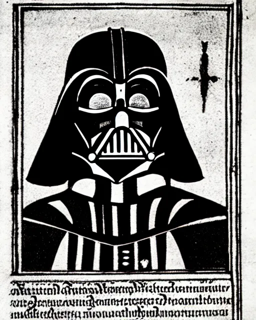 Prompt: b & w woodcut portrait of medieval darth vader from the nuremberg chronicle, 1 4 9 3, restored, hq scan