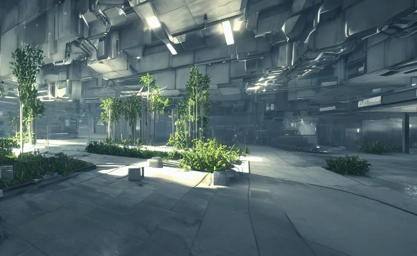 Prompt: in-game screenshot of hazmat scientists on unreal engine 5, in a liminal underground garden, photorealistic, retrofuturism, brutalism, staggered terraces, minimalist, soft vintage glow