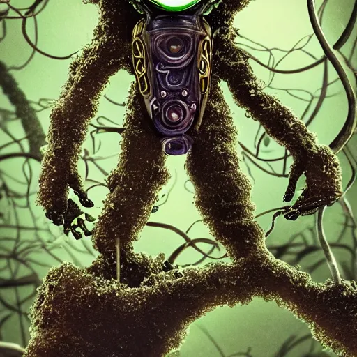 Prompt: Highly sophisticated microcosmic mechanical steampunk character with robotic arms and short legs and (((glowing))) head in mythical forest with glowing algae in the tree trunks and vines hanging from the branches, creepy ambiance, desaturated, fog, sharp focus, magical, refined, beautiful, eerie