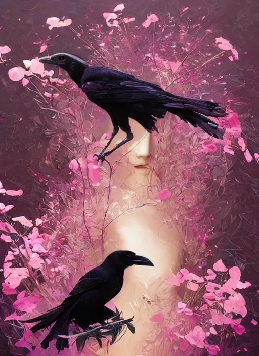 Image similar to portrait of black raven bird, flowers, pink spike aura in motion, floating pieces, painted art by tsuyoshi nagano, greg rutkowski, artgerm, alphonse mucha, spike painting